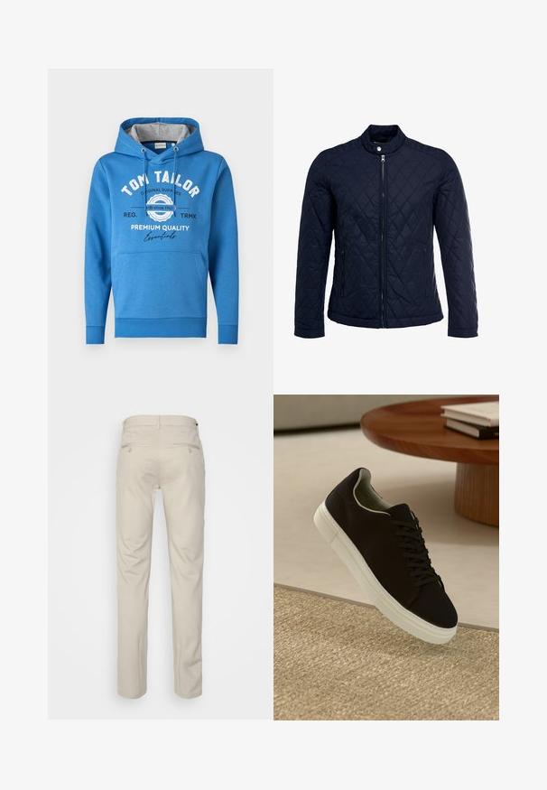 Námorníkovo prešívané sako s vysokým golierom, plným predným zipsom a dvoma bočnými vreckami. Materiál má hladkú textúru s diamantom vzorom.; Modrá mikina s kapucňou má predné vrecko, šnúrku na kapucni a šedé vnútorné podšívky. Tlačené logo obsahuje "TOM TAILOR" a "PREMIUM QUALITY."; Béžové nohavice s hladkou textúrou, rovný strih, dve zadné vrecká s gombíkmi a štandardný pás.; Čierna teniska s bielou podrážkou plávajúca nad béžovým textúrovaným kobercom pri okrúhlom drevenom stole s hromadou kníh.
