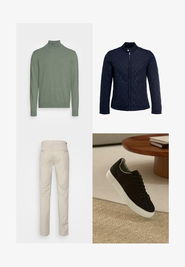 Marinefarbenes wattiertes Jackett mit Stehkragen, durchgehendem Reißverschluss und zwei seitlichen Taschen. Das Material hat eine glatte Textur mit Rautenmuster.; Grüner Rollkragenpullover aus weichem Strickmaterial. Mit langen Ärmeln, einem figurnahen Kragen sowie gerippten Bündchen und Saum. Keine sichtbaren Muster.; Beige Hosen mit glatter Textur, geradem Schnitt, zwei Gesäßtaschen mit Knöpfen und einem normalen Bund.; Schwarze Sneakers mit weißer Sohle, die über einem beige strukturierten Teppich schweben, in der Nähe eines runden Holztisches mit gestapelten Büchern.