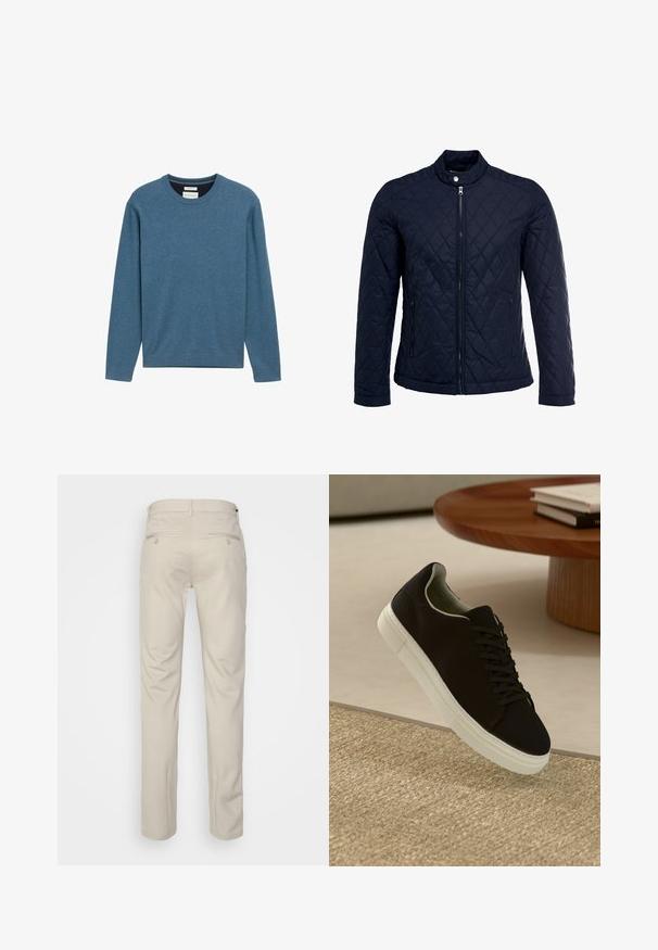 Jūras spēku krāsas nokrāsots džemperis ar izšūtu apkakli, pilnu priekšējo rāvējslēdzēju un divām sānu kabatām. Materiāls ir ar gludu faktūru, ar dimanta rakstiem.; Zila vilnas džemperis ar apaļu kakla izgriezumu, kas izgatavots no mīksta kokvilnas, ar garām piedurknēm, ribotām aprocēm un apakšmali, kā arī nelielu logotipa detaļu priekšā.; Bežīgas bikses ar gludu tekstūru, taisnas kājas, divas aizmugurējās kabatas ar pogām un standarta jostas vietu.; Melni sporta apavi ar baltu zoli, kas peld virs bēša tekstūrēta paklāja netālu no apaļa koka galda ar sakrautiem grāmatām.