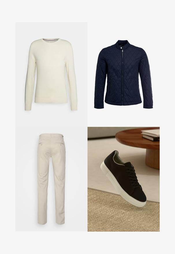 Chaqueta acolchada de color navy que cuenta con un cuello alzado, cierre frontal completo y dos bolsillos laterales. El material tiene una textura suave con patrones en forma de rombo.; Suéter color crema de cuello redondo con mangas largas, puños y dobladillo acanalados. Hecho de una suave tela de punto sin patrones ni adornos.; Pantalones beiges con una textura suave, corte recto, dos bolsillos traseros con botones y una cinturilla estándar.; Zapatilla negra con suela blanca flotando sobre una alfombra texturizada beige cerca de una mesa redonda de madera con libros apilados.
