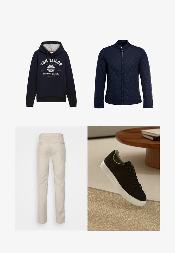 Veste matelassée bleu marine avec col montant, fermeture éclair sur le devant et deux poches latérales. Le matériau a une texture lisse avec des motifs en losange.; Sweat à capuche bleu marine en mélange de coton, avec une doublure de capuche grise, une poche frontale et un texte graphique blanc/rouge sur la poitrine. Poignets et ourlet côtelés.; Pantalon beige avec une texture lisse, coupe droite, deux poches arrière avec boutons, et une taille standard.; Baskets noires avec semelle blanche flottant au-dessus d'un tapis texturé beige, près d'une table en bois ronde avec des livres empilés.