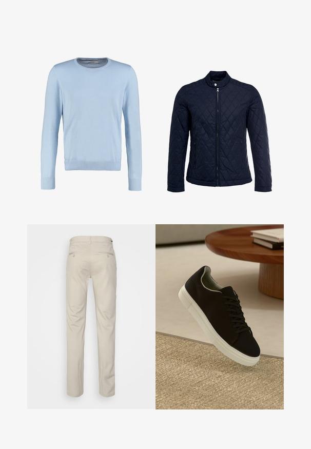 Jūras spēku krāsas nokrāsots džemperis ar izšūtu apkakli, pilnu priekšējo rāvējslēdzēju un divām sānu kabatām. Materiāls ir ar gludu faktūru, ar dimanta rakstiem.; Gaiši zils garās piedurknes džemperis ar apaļu izgriezumu. Ar gludu tekstūru un ribotām aprocēm un apakšmalu. Klasisks, pieguļošs dizains.; Bežīgas bikses ar gludu tekstūru, taisnas kājas, divas aizmugurējās kabatas ar pogām un standarta jostas vietu.; Melni sporta apavi ar baltu zoli, kas peld virs bēša tekstūrēta paklāja netālu no apaļa koka galda ar sakrautiem grāmatām.