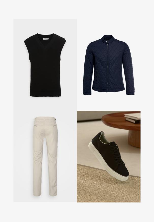Granatowa pikowana kurtka z stojącym kołnierzem, pełnym zamkiem błyskawicznym i dwoma bocznymi kieszeniami. Materiał ma gładką teksturę z diamentowym wzorem.; Czarny bezrękawnik z dzianiny, z dekoltem w kształcie litery V i prążkowaną fakturą, z gładkim wykończeniem i bez dodatkowych ozdób.; Beżowe spodnie o gładkiej fakturze, prostym kroju, z dwiema tylnymi kieszeniami z guzikami i standardowym pasem.; Czarny sneaker z białą podeszwą unoszący się nad beżowym, teksturowanym dywanem w pobliżu okrągłego drewnianego stołu z poukładanymi książkami.