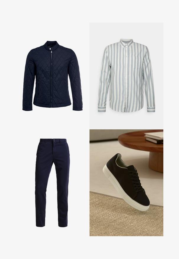 Tamsiai mėlynas užsegamas dubliažinis švarkas su stovinčiu apykakliu, visiškai užtraukiamas priekyje, ir dviem šoninėmis kišenėmis. Medžiaga turi lygią tekstūrą su deimantiniais raštais.; Šviesiai mėlynas ir kreminės baltos juostelės marškiniai su mygtukais. Turi klasikinius atvartus, ilgas rankoves ir krūtinės kišenę. Minkšta medžiaga, laisvas kirpimas.; Tamsiai mėlynos chino kelnės, pagamintos iš medvilnės mišinio, su tiesia koja, priekinių kišenių, užtrauktuko uždarymu ir vienu mygtuko juosmeniu.; Juodas sportinis batelis su baltu padu, lekiančius virš smėlio spalvos tekstūruoto kilimo šalia apvalaus medinio stalo su sukrautomis knygomis.