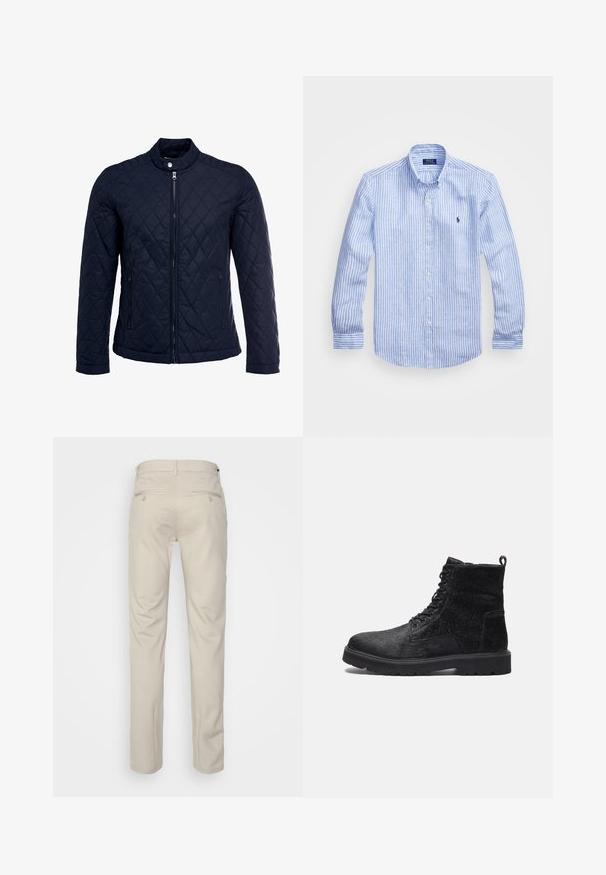 Veste matelassée bleu marine avec col montant, fermeture éclair sur le devant et deux poches latérales. Le matériau a une texture lisse avec des motifs en losange.; Chemise à rayures bleues et blanches à manches longues en coton, dotée d'un col boutonné, de boutons sur le devant et d'un petit logo brodé sur la poitrine.; Pantalon beige avec une texture lisse, coupe droite, deux poches arrière avec boutons, et une taille standard.; Bottines noires à cheville avec un dessus texturé, présentant un laçage à l'avant, une semelle en caoutchouc robuste et une languette à l'arrière pour un enfilage facile.