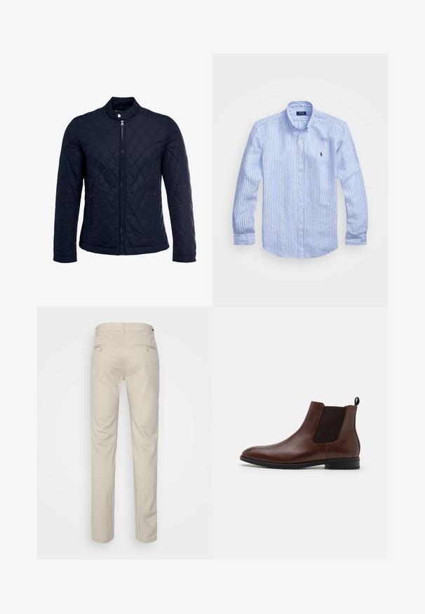 Giacca trapuntata blu navy con colletto alto, zip frontale completa e due tasche laterali. Il materiale ha una texture liscia con motivi a rombi.; Camicia a maniche lunghe a righe bianche e blu in cotone, con colletto button-down, bottoni frontali e un piccolo logo ricamato sul petto.; Pantaloni beige con una texture liscia, taglio dritto, due tasche posteriori con bottoni e vita standard.; Pier One LEATHER - Stivaletti - dark brown