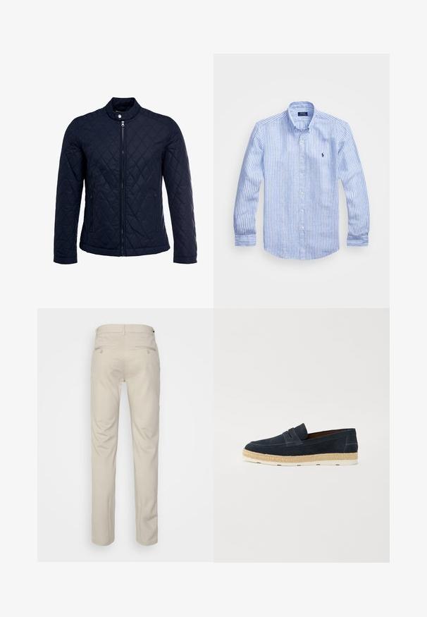 Tamsiai mėlynas užsegamas dubliažinis švarkas su stovinčiu apykakliu, visiškai užtraukiamas priekyje, ir dviem šoninėmis kišenėmis. Medžiaga turi lygią tekstūrą su deimantiniais raštais.; Mėlynos ir baltos dryžuotos ilgomis rankovėmis medvilninė marškiniai, turintys sagtelę ant apykaklės, priekinius mygtukus ir mažą išsiuvinėtą logotipą krūtinėje.; Bežinės kelnės su lygia tekstūra, tiesiu pjūviu, dviem užpakalinėmis kišenėmis su sagomis ir standartine juosmena.; Tamsiai mėlyni suede stiliaus slip-on loaferiai su lengvu baltu guminio pado ir pintu džuto akcentu aplink kraštą; lygus paviršius ir paprastas dizainas.