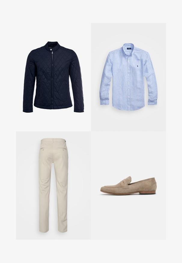 Mornarska jakna od ripsa s uzastopnim ovratnikom, punim prednjim zatvaračem i dva bočna džepa. Materijal ima glatku teksturu s dijamantnim uzorcima.; Plava i bijela prugasta košulja dugih rukava od pamuka, s ovratnikom na dugmad, prednjim dugmadi i malim izvezenim logom na prsima.; Bež hlače s glatkom teksturom, ravnog kroja, dva stražnja džepa s gumbima i standardnim pojasom.; Bež nubuk loafersi s minimalnim šavovima, ravnim potplatom i kožnom đonom. Imaju jedan trakasti detalj blizu gornjeg dijela. Ravna silueta.