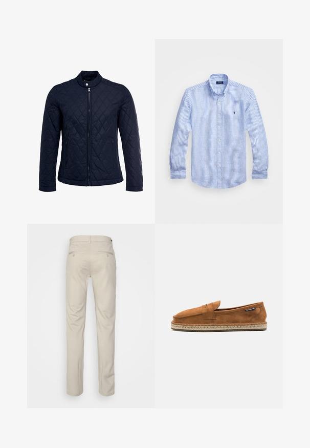 Giacca trapuntata blu navy con colletto alto, zip frontale completa e due tasche laterali. Il materiale ha una texture liscia con motivi a rombi.; Camicia a maniche lunghe a righe bianche e blu in cotone, con colletto button-down, bottoni frontali e un piccolo logo ricamato sul petto.; Pantaloni beige con una texture liscia, taglio dritto, due tasche posteriori con bottoni e vita standard.; Scarpa slip-on in suede marrone con punta arrotondata, caratterizzata da una suola in juta intrecciata e una piccola fascia decorativa sul davanti.