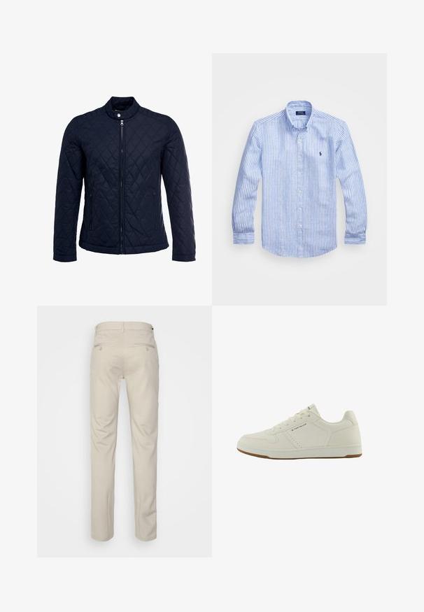 Námorníkovo prešívané sako s vysokým golierom, plným predným zipsom a dvoma bočnými vreckami. Materiál má hladkú textúru s diamantom vzorom.; Modrá a biela prúžkovaná košeľa s dlhými rukávmi vyrobená z bavlny, vybavená golierom na gombíky, prednými gombíkmi a malým vyšitým logom na hrudi.; Béžové nohavice s hladkou textúrou, rovný strih, dve zadné vrecká s gombíkmi a štandardný pás.; Biele tenisky so hladkým syntetickým zvrškom, okrúhlou špičkou a šnurovaním. Majú perforácie pre priedušnosť a podošvu z gumeného materiálu.