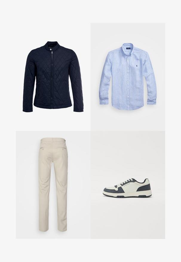 Marinefarbenes wattiertes Jackett mit Stehkragen, durchgehendem Reißverschluss und zwei seitlichen Taschen. Das Material hat eine glatte Textur mit Rautenmuster.; Blau-weißer gestreifter Langarmshirt aus Baumwolle mit einem Button-Down-Kragen, Frontknöpfen und einem kleinen gestickten Logo auf der Brust.; Beige Hosen mit glatter Textur, geradem Schnitt, zwei Gesäßtaschen mit Knöpfen und einem normalen Bund.; Marinefarbene und hellgraue Sneakers mit einem Obermaterial aus Wildleder und Leder, gepolsterter Zunge und Schnürsenkeldesign. Gummisohle mit Traktionsmuster.