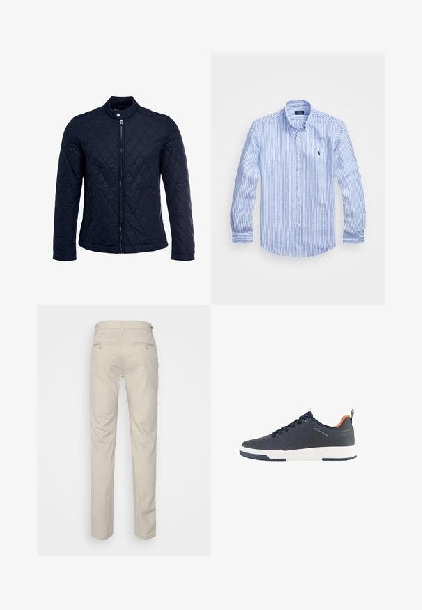 Tamsiai mėlynas užsegamas dubliažinis švarkas su stovinčiu apykakliu, visiškai užtraukiamas priekyje, ir dviem šoninėmis kišenėmis. Medžiaga turi lygią tekstūrą su deimantiniais raštais.; Mėlynos ir baltos dryžuotos ilgomis rankovėmis medvilninė marškiniai, turintys sagtelę ant apykaklės, priekinius mygtukus ir mažą išsiuvinėtą logotipą krūtinėje.; Bežinės kelnės su lygia tekstūra, tiesiu pjūviu, dviem užpakalinėmis kišenėmis su sagomis ir standartine juosmena.; Tamsiai mėlynos sportinės bateliai su tekstūruota viršutine dalimi, balta padais, apvaliais perforacijomis ir oranžiniais akcentais kulne. Yra tvirta raištelių sistema.