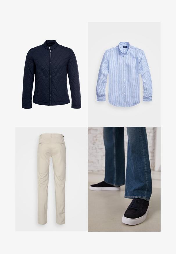 Marineblauwe gewatteerde jas met een staande kraag, volledige ritssluiting aan de voorkant en twee zijzakken. Materiaal heeft een gladde textuur met ruitpatronen.; Blauw-wit gestreept overhemd met lange mouwen van katoen, met een button-down kraag, knopen aan de voorkant en een klein geborduurd logo op de borst.; Beige broek met een gladde textuur, rechte snit, twee achterzakken met knopen en een standaard tailleband.; Donkerblauwe suède sneakers met een witte rubberen zool en veters, gecombineerd met wijde denimjeans in een middelblauwe wassing.