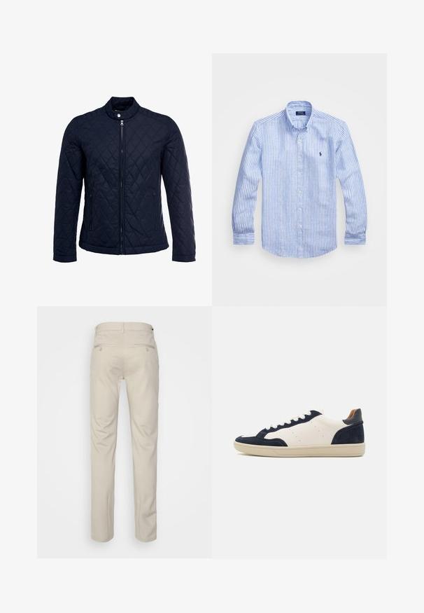Námořnická prošívaná bunda s vysokým límcem, plným zipem a dvěma bočními kapsami. Materiál má hladkou texturu s diamantovým vzorem.; Modrá a bílá pruhovaná košile s dlouhým rukávem vyrobená z bavlny, s límcem na knoflíky, předními knoflíky a malým vyšitým logem na hrudi.; Beige kalhoty se hladkým povrchem, rovný střih, dvě zadní kapsy s knoflíky a standardní pas.; Kožené a semišové tenisky v námořnické modři a krémové barvě s gumovou podrážkou, kulatou špičkou a bílými tkaničkami. Obsahují perforované detaily na bocích.