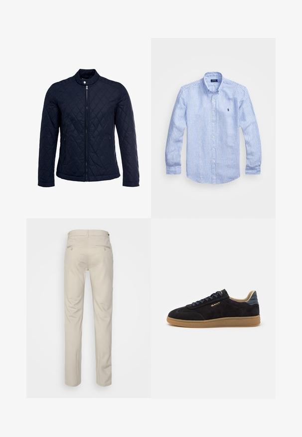 Navy quilted jacket featuring a stand-up collar, full front zip, and two side pockets. Material has a smooth texture with diamond patterns.; Blue and white striped long-sleeve shirt made of cotton, featuring a button-down collar, front buttons, and a small embroidered logo on the chest.; Beige trousers with a smooth texture, straight cut, two back pockets with buttons, and a standard waistband.; Black suede sneaker with textured gum sole, contrasting navy accents, and round laces. Features gold branding on the side.