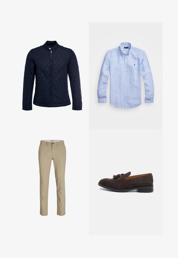 Jūras spēku krāsas nokrāsots džemperis ar izšūtu apkakli, pilnu priekšējo rāvējslēdzēju un divām sānu kabatām. Materiāls ir ar gludu faktūru, ar dimanta rakstiem.; Zila un baltā svītru garām piedurknēm krekls izgatavots no kokvilnas, ar pogājamu apkakli, priekšējām pogām un nelielu izšūtu logotipu uz krūtīm.; Kremkrāsas kokvilnas bikses ar šauru piegriezumu, piedāvā priekšējo rāvējslēdzēju, pogu aizdari un četras kabatas. Gluda tekstūra, bez rakstiem vai akcentiem.; Paul Smith LAWSON - Čības - brown