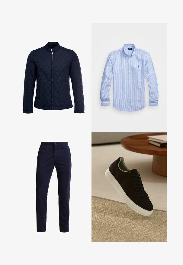 Μπλε τζάκετ με κουβέρτα, χαρακτηρισμένο με όρθιο γιακά, πλήρη μπροστινό φερμουάρ και δύο πλάγιες τσέπες. Το υλικό έχει λεία υφή με διαμαντόσχημα μοτίβα.; Μπλε και λευκή ριγέ μακρυμάνικη μπλούζα από βαμβάκι, με κλασικό γιακά, εμπρόσθια κουμπιά και ένα μικρό κεντημένο λογότυπο στο στήθος.; Ναυτικό μπλε chino παντελόνια κατασκευασμένα από ύφασμα βαμβακερού μείγματος, με σχέδιο ίσιας γραμμής, μπροστινές τσέπες, κλείσιμο με φερμουάρ και μία κουμπότρυπα στη μέση.; Μαύρο αθλητικό παπούτσι με λευκή σόλα που αιωρείται πάνω από μπεζ υφή χαλιού κοντά σε στρογγυλό ξύλινο τραπέζι με στοίβες βιβλίων.