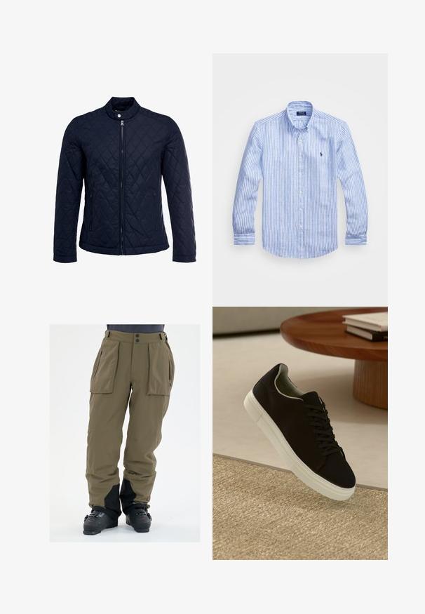 Marineblå quiltet jakke med ståkrave, fuld lynlås foran og to sidelommer. Materialet har en glat tekstur med diamantmønstre.; Blå og hvid stribet langærmet skjorte lavet af bomuld, med knap-ned krave, frontknapper og et lille broderet logo på brystet.; Oliven grønne snebukser lavet af vandtæt materiale, med sidelommer, lynlåslommer til hænderne og en sort nederste del.; Sort sneaker med hvid sål svævende over en beige tekstureret tæppe nær et rundt trætabel med stablede bøger.