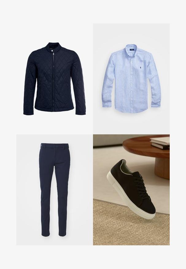 Marinefarbenes wattiertes Jackett mit Stehkragen, durchgehendem Reißverschluss und zwei seitlichen Taschen. Das Material hat eine glatte Textur mit Rautenmuster.; Blau-weißer gestreifter Langarmshirt aus Baumwolle mit einem Button-Down-Kragen, Frontknöpfen und einem kleinen gestickten Logo auf der Brust.; Navyblaue Hosen mit glatter Textur, schlanker Passform, Gürtelschlaufen, Knopfschluss und Vordertaschen. Keine sichtbaren Muster oder Akzente.; Schwarze Sneakers mit weißer Sohle, die über einem beige strukturierten Teppich schweben, in der Nähe eines runden Holztisches mit gestapelten Büchern.