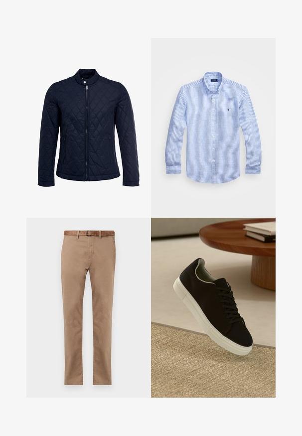 Mornarsko podloženo jakno z dvignjenim ovratnikom, polnim zadrgo in dvema stranskima žepoma. Material ima gladko teksturo s diamantnimi vzorci.; Modra in bela prugasta srajca z dolgimi rokavi iz bombaža, s kragnico na gumb, sprednjimi gumbi in majhnim izvezenim logotipom na prsih.; Bežna bombažna chinos hlače s ravnim krojem, z rjavim usnjenim pasom, dvema sprednjima žepoma in gladko teksturo.; Črni športni copat z belim podplatom lebdi nad bež teksturiranim preprogam blizu okroglega lesenega mize z zloženimi knjigami.