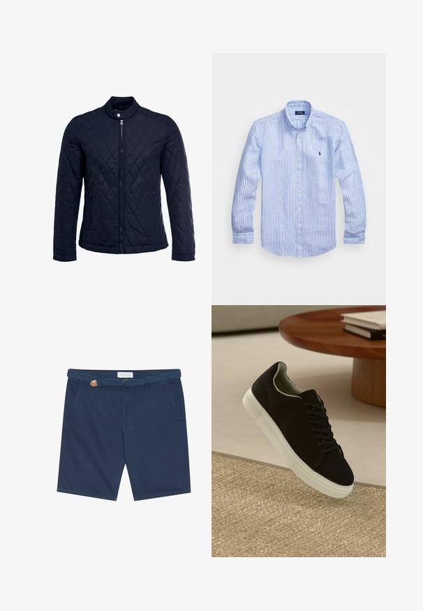 Giacca trapuntata blu navy con colletto alto, zip frontale completa e due tasche laterali. Il materiale ha una texture liscia con motivi a rombi.; Camicia a maniche lunghe a righe bianche e blu in cotone, con colletto button-down, bottoni frontali e un piccolo logo ricamato sul petto.; Pantaloni corti blu navy in cotone, dotati di una cintura intrecciata con accentuazione in pelle marrone, tasche laterali e un taglio dritto.; Sneaker nero con suola bianca che flotta sopra un tappeto beige testurizzato vicino a un tavolo rotondo in legno con libri impilati.