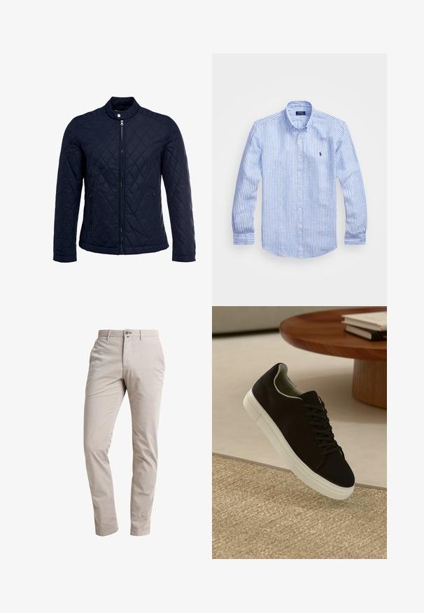 Marineblå quiltet jakke med stått krage, hel frontglidelås og to sidelommer. Materialet har en glatt tekstur med diamantmønster.; Blå og hvit stripete langermet skjorte laget av bomull, med knappekrage, frontknapper og en liten brodert logo på brystet.; Lys beige bukser laget av bomullsblandingsstoff. Rett snitt med knappelukking foran og sidelommer. Glatt tekstur.; Svart sneakers med hvit såle som svever over en beige teksturert teppe nær et rundt trebord med stablede bøker.