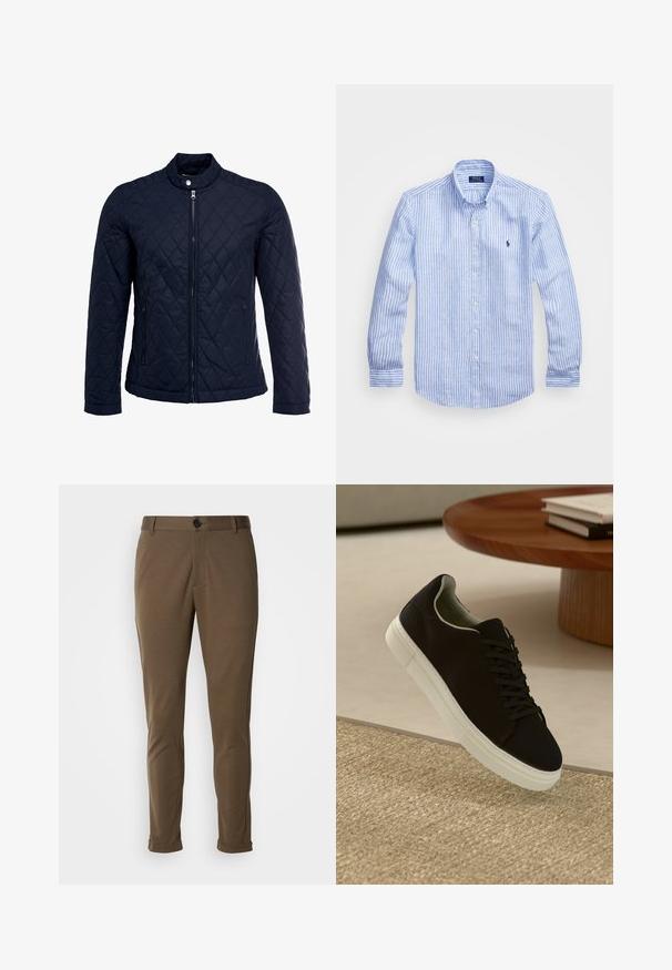 Navy quilted jacket featuring a stand-up collar, full front zip, and two side pockets. Material has a smooth texture with diamond patterns.; Blue and white striped long-sleeve shirt made of cotton, featuring a button-down collar, front buttons, and a small embroidered logo on the chest.; Brown, tailored pants with a smooth texture, featuring a button closure and rolled cuffs. Designed with a slim fit and functional pockets.; Black sneaker with white sole floating above beige textured rug near round wooden table with stacked books.