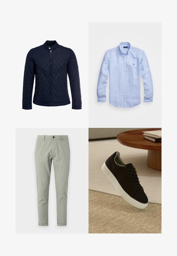 Mornarsko podloženo jakno z dvignjenim ovratnikom, polnim zadrgo in dvema stranskima žepoma. Material ima gladko teksturo s diamantnimi vzorci.; Modra in bela prugasta srajca z dolgimi rokavi iz bombaža, s kragnico na gumb, sprednjimi gumbi in majhnim izvezenim logotipom na prsih.; Ustrezno skrojeni zeleni chinos hlače iz lahkega bombaža. Imajo gumbasto zapiranje, sprednje in zadnje žepke ter oblikovan kroj nogavic.; Črni športni copat z belim podplatom lebdi nad bež teksturiranim preprogam blizu okroglega lesenega mize z zloženimi knjigami.