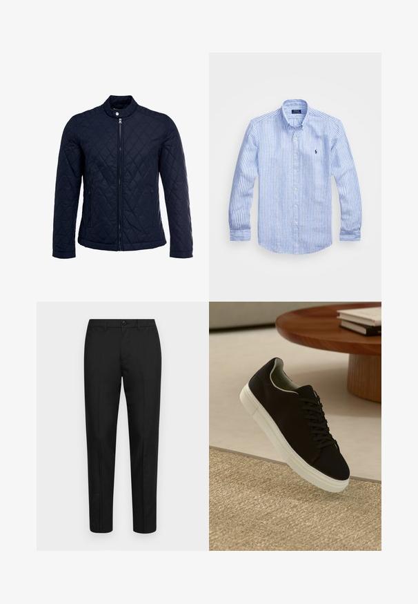 Giacca trapuntata blu navy con colletto alto, zip frontale completa e due tasche laterali. Il materiale ha una texture liscia con motivi a rombi.; Camicia a maniche lunghe a righe bianche e blu in cotone, con colletto button-down, bottoni frontali e un piccolo logo ricamato sul petto.; Pantaloni neri realizzati in un tessuto liscio con una vestibilità slim, dotati di chiusura a bottone, passanti per la cintura e gambe dritto.; Sneaker nero con suola bianca che flotta sopra un tappeto beige testurizzato vicino a un tavolo rotondo in legno con libri impilati.