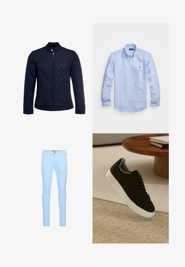 Granatowa pikowana kurtka z stojącym kołnierzem, pełnym zamkiem błyskawicznym i dwoma bocznymi kieszeniami. Materiał ma gładką teksturę z diamentowym wzorem.; Niebiesko-biała, w paski, koszula z długim rękawem, wykonana z bawełny, z kołnierzykiem zapinanym na guziki, guzikami z przodu oraz małym haftowanym logo na klatce piersiowej.; Jasnoniebieskie bawełniane chinosy o wąskim kroju, z zapięciem na guziki z przodu, z pętelkami na pasek i gładką fakturą. Brak widocznych wzorów lub akcentów.; Czarny sneaker z białą podeszwą unoszący się nad beżowym, teksturowanym dywanem w pobliżu okrągłego drewnianego stołu z poukładanymi książkami.