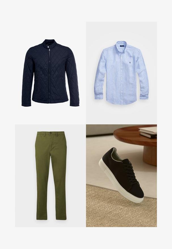 Námořnická prošívaná bunda s vysokým límcem, plným zipem a dvěma bočními kapsami. Materiál má hladkou texturu s diamantovým vzorem.; Modrá a bílá pruhovaná košile s dlouhým rukávem vyrobená z bavlny, s límcem na knoflíky, předními knoflíky a malým vyšitým logem na hrudi.; Olivově zelené bavlněné kalhoty, rovný střih, zapínání na knoflík, s poutky na opasek a bočními kapsami, hladká textura, bez vzorů.; Černé tenisky s bílou podrážkou plující nad béžovým texturovaným kobercem poblíž kulatého dřevěného stolu se stohovanými knihami.