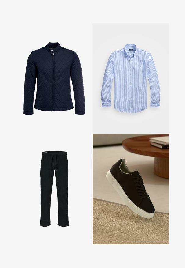 Giacca trapuntata blu navy con colletto alto, zip frontale completa e due tasche laterali. Il materiale ha una texture liscia con motivi a rombi.; Camicia a maniche lunghe a righe bianche e blu in cotone, con colletto button-down, bottoni frontali e un piccolo logo ricamato sul petto.; Pantaloni in corduroy neri con cintura elastica, cordoncino regolabile, gambe affusolate e una sottile texture a righe verticali.; Sneaker nero con suola bianca che flotta sopra un tappeto beige testurizzato vicino a un tavolo rotondo in legno con libri impilati.