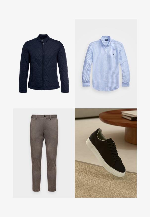 Jūras spēku krāsas nokrāsots džemperis ar izšūtu apkakli, pilnu priekšējo rāvējslēdzēju un divām sānu kabatām. Materiāls ir ar gludu faktūru, ar dimanta rakstiem.; Zila un baltā svītru garām piedurknēm krekls izgatavots no kokvilnas, ar pogājamu apkakli, priekšējām pogām un nelielu izšūtu logotipu uz krūtīm.; Brūni svītroti bikses ar šauru piegriezumu. Iezīmēts ar platu priekšpusi, pogu aizdari un smalku tekstūru. Sašaurinātas kājas bez redzamām akcentiem.; Melni sporta apavi ar baltu zoli, kas peld virs bēša tekstūrēta paklāja netālu no apaļa koka galda ar sakrautiem grāmatām.