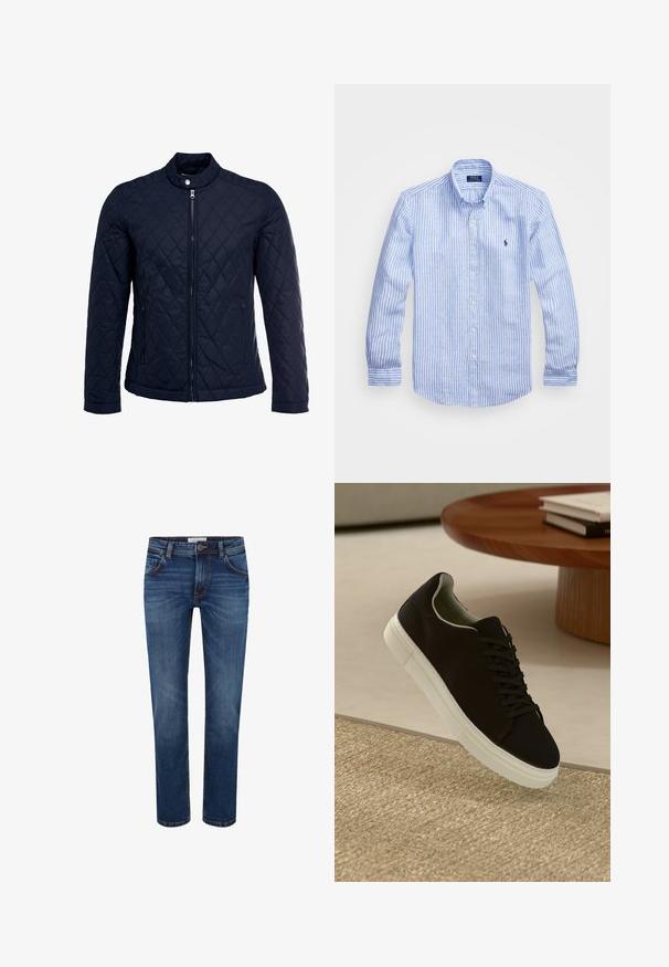 Námořnická prošívaná bunda s vysokým límcem, plným zipem a dvěma bočními kapsami. Materiál má hladkou texturu s diamantovým vzorem.; Modrá a bílá pruhovaná košile s dlouhým rukávem vyrobená z bavlny, s límcem na knoflíky, předními knoflíky a malým vyšitým logem na hrudi.; Džínové kalhoty v tmavě modré s rovnými nohavicemi, pětikusovým stylem a kontrastním šitím. Standardní pas se zapínáním na knoflík.; Černé tenisky s bílou podrážkou plující nad béžovým texturovaným kobercem poblíž kulatého dřevěného stolu se stohovanými knihami.