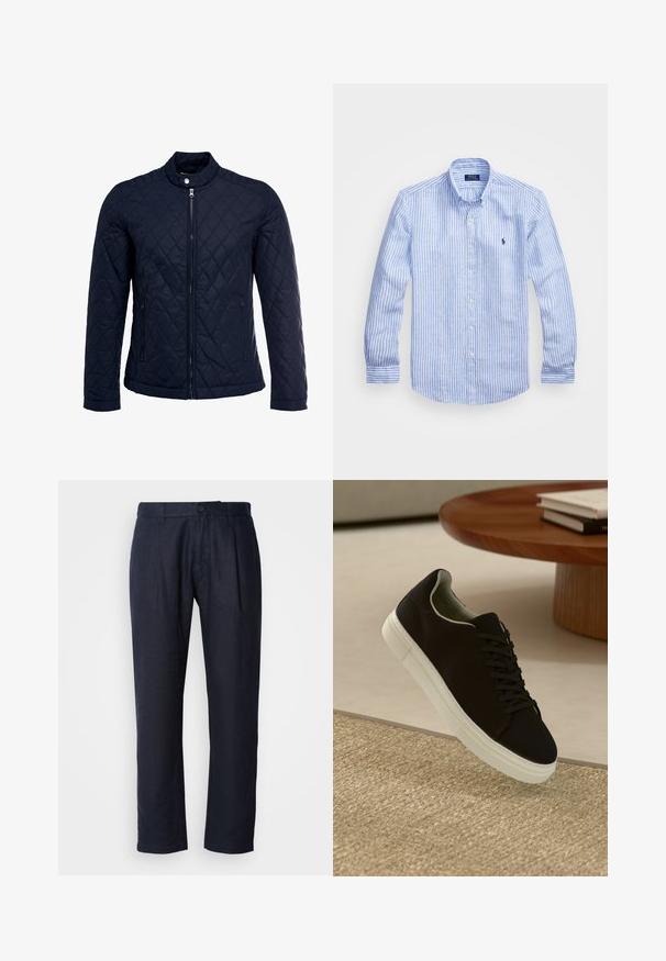 Tumesinine tikitud jakk, millel on püstine krae, täispikk tõmblukk ja kaks küljetaskut. Materjal on sileda tekstuuriga ja kaunistatud rombikujuliste mustritega.; Sinine ja valge triibuline pikkade varrukatega särk, mis on valmistatud puuvillast, ning millel on nööbitav krae, esi-nööbid ja väikese tikandiga logo rinnal.; Tumedast meresinine linane püksid, esi-plekkide ja vöökohtadega, millel on vöörihmade vahed ning üheaheliline nööp.; Mustad musta tossuga valge tallaga, mis hõljub beeži tekstuuriga vaiba kohal, ümaral puidust laual, mille peal on kokku virnastatud raamatud.