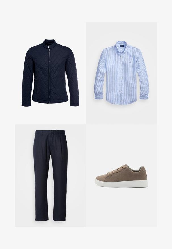 Tamsiai mėlynas užsegamas dubliažinis švarkas su stovinčiu apykakliu, visiškai užtraukiamas priekyje, ir dviem šoninėmis kišenėmis. Medžiaga turi lygią tekstūrą su deimantiniais raštais.; Mėlynos ir baltos dryžuotos ilgomis rankovėmis medvilninė marškiniai, turintys sagtelę ant apykaklės, priekinius mygtukus ir mažą išsiuvinėtą logotipą krūtinėje.; Tamsiai mėlynos lininės kelnės su priekiniu raukiniu, liemeniu su diržo kilpomis ir vienu mygtuko uždarymu.; Rudi zomšos sportbačiai su plokščiomis baltomis guminėmis padais, raištelių dizainu, apvaliu pirštu ir lygia tekstūra. Minimalistinis stilius su subtiliomis siuvimo detalėmis.