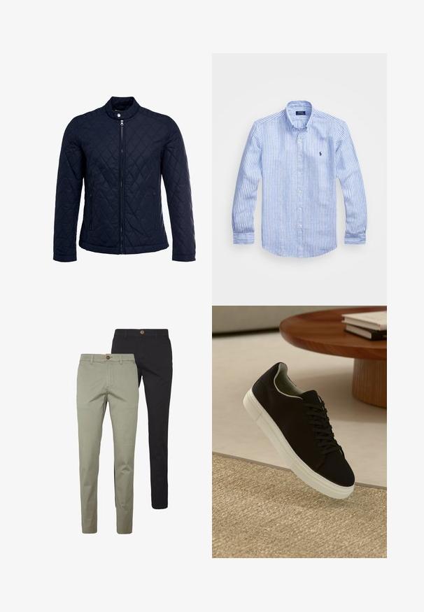 Marineblauwe gewatteerde jas met een staande kraag, volledige ritssluiting aan de voorkant en twee zijzakken. Materiaal heeft een gladde textuur met ruitpatronen.; Blauw-wit gestreept overhemd met lange mouwen van katoen, met een button-down kraag, knopen aan de voorkant en een klein geborduurd logo op de borst.; Twee paar slim-fit broeken: een in lichtbeige katoen met een knoopdetail, de andere in effen zwart katoen, beide met zijzakken.; Zwarte sneaker met witte zool die boven een beige gestructureerd tapijt zweeft, nabij een ronde houten tafel met gestapelde boeken.