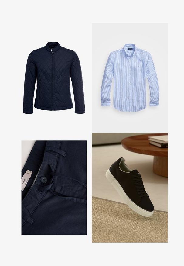 Tamsiai mėlynas užsegamas dubliažinis švarkas su stovinčiu apykakliu, visiškai užtraukiamas priekyje, ir dviem šoninėmis kišenėmis. Medžiaga turi lygią tekstūrą su deimantiniais raštais.; Mėlynos ir baltos dryžuotos ilgomis rankovėmis medvilninė marškiniai, turintys sagtelę ant apykaklės, priekinius mygtukus ir mažą išsiuvinėtą logotipą krūtinėje.; Tamsiai mėlynos medvilninės kelnės su sagutės užsegimu, raišteliu ir kišenės detalėmis. Lygios tekstūros, įprasto silueto dizainas. Matoma etiketė.; Juodas sportinis batelis su baltu padu, lekiančius virš smėlio spalvos tekstūruoto kilimo šalia apvalaus medinio stalo su sukrautomis knygomis.