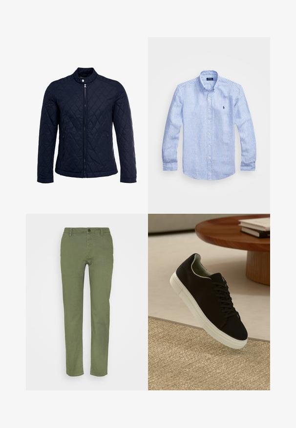 Mornarsko podloženo jakno z dvignjenim ovratnikom, polnim zadrgo in dvema stranskima žepoma. Material ima gladko teksturo s diamantnimi vzorci.; Modra in bela prugasta srajca z dolgimi rokavi iz bombaža, s kragnico na gumb, sprednjimi gumbi in majhnim izvezenim logotipom na prsih.; Hlače v vojaško zeleni barvi z gladko teksturo, s sistemom zapiranja na gumb in petimi žepi, zasnovane v ravnem kroju.; Črni športni copat z belim podplatom lebdi nad bež teksturiranim preprogam blizu okroglega lesenega mize z zloženimi knjigami.