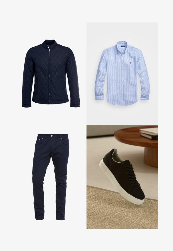 Jūras spēku krāsas nokrāsots džemperis ar izšūtu apkakli, pilnu priekšējo rāvējslēdzēju un divām sānu kabatām. Materiāls ir ar gludu faktūru, ar dimanta rakstiem.; Zila un baltā svītru garām piedurknēm krekls izgatavots no kokvilnas, ar pogājamu apkakli, priekšējām pogām un nelielu izšūtu logotipu uz krūtīm.; Tums zilas slim-fit bikses, izgatavotas no kokvilnas maisījuma auduma, ar pogu aizdari, piecām kabatām un smalkiem izšūšanas detaļām.; Melni sporta apavi ar baltu zoli, kas peld virs bēša tekstūrēta paklāja netālu no apaļa koka galda ar sakrautiem grāmatām.