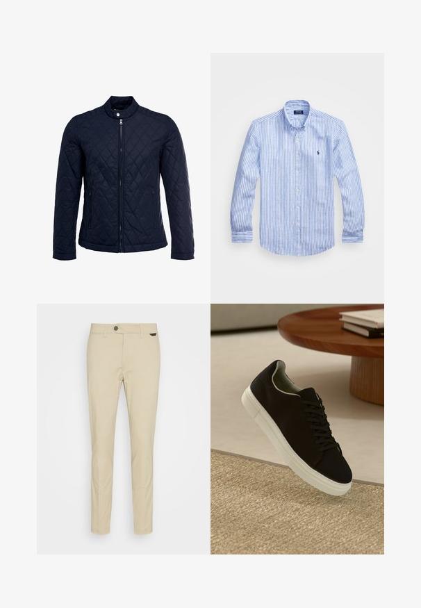 Navy quilted jacket featuring a stand-up collar, full front zip, and two side pockets. Material has a smooth texture with diamond patterns.; Blue and white striped long-sleeve shirt made of cotton, featuring a button-down collar, front buttons, and a small embroidered logo on the chest.; Antony Morato TROUSERS MARK SLIM FIT - Chinos - sand; Black sneaker with white sole floating above beige textured rug near round wooden table with stacked books.