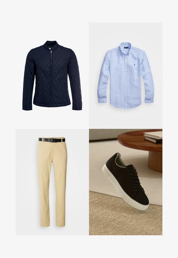 Námorníkovo prešívané sako s vysokým golierom, plným predným zipsom a dvoma bočnými vreckami. Materiál má hladkú textúru s diamantom vzorom.; Modrá a biela prúžkovaná košeľa s dlhými rukávmi vyrobená z bavlny, vybavená golierom na gombíky, prednými gombíkmi a malým vyšitým logom na hrudi.; Béžové bavlnené nohavice s rovnými nohavicami, zabezpečené čiernym koženým opaskom so striebornou prackou.; Čierna teniska s bielou podrážkou plávajúca nad béžovým textúrovaným kobercom pri okrúhlom drevenom stole s hromadou kníh.