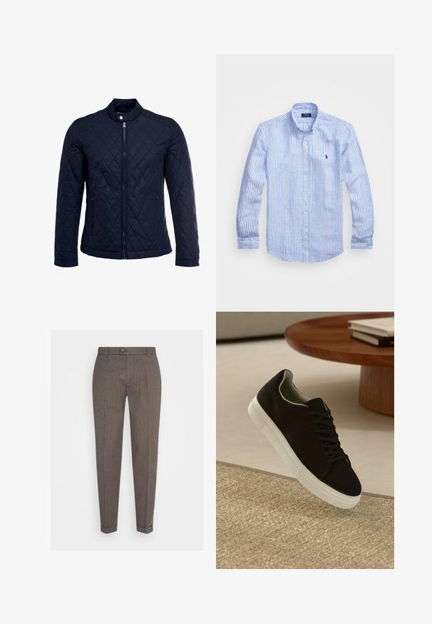 Veste matelassée bleu marine avec col montant, fermeture éclair sur le devant et deux poches latérales. Le matériau a une texture lisse avec des motifs en losange.; Chemise à rayures bleues et blanches à manches longues en coton, dotée d'un col boutonné, de boutons sur le devant et d'un petit logo brodé sur la poitrine.; Pantalons à carreaux marron et noir avec une coupe slim, fermeture à bouton et devant plat. Fabriqués en tissu tissé, présentant une texture lisse et un design ajusté.; Baskets noires avec semelle blanche flottant au-dessus d'un tapis texturé beige, près d'une table en bois ronde avec des livres empilés.