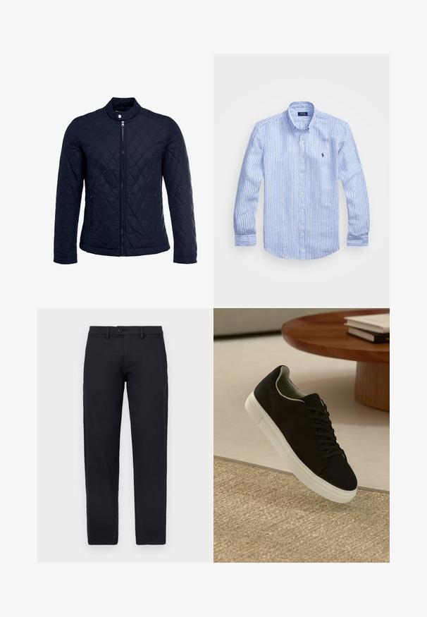 Veste matelassée bleu marine avec col montant, fermeture éclair sur le devant et deux poches latérales. Le matériau a une texture lisse avec des motifs en losange.; Chemise à rayures bleues et blanches à manches longues en coton, dotée d'un col boutonné, de boutons sur le devant et d'un petit logo brodé sur la poitrine.; Pantalon en coton noir à coupe droite, doté d'une fermeture à boutons à l'avant et de passants pour ceinture. Texture lisse sans motifs apparents.; Baskets noires avec semelle blanche flottant au-dessus d'un tapis texturé beige, près d'une table en bois ronde avec des livres empilés.
