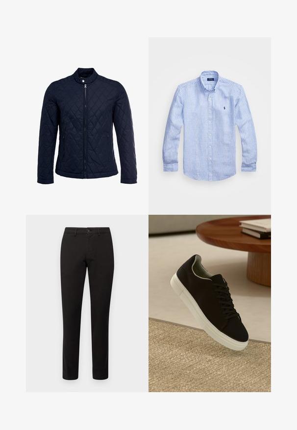 Navy quilted jacket featuring a stand-up collar, full front zip, and two side pockets. Material has a smooth texture with diamond patterns.; Blue and white striped long-sleeve shirt made of cotton, featuring a button-down collar, front buttons, and a small embroidered logo on the chest.; Black chinos with a slim fit, made of cotton blend fabric. Features a front button closure and five pockets. Smooth texture, minimal detailing.; Black sneaker with white sole floating above beige textured rug near round wooden table with stacked books.