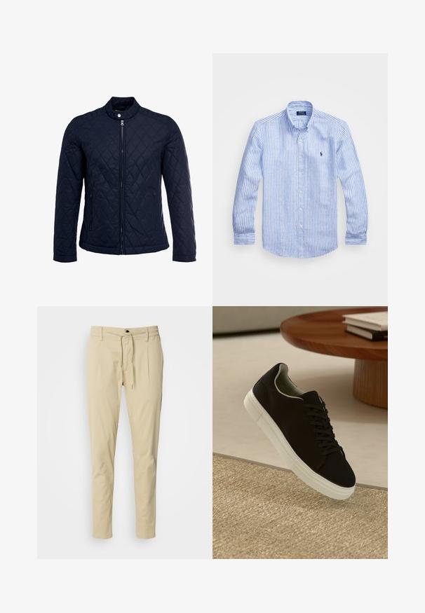 Navy quilted jacket featuring a stand-up collar, full front zip, and two side pockets. Material has a smooth texture with diamond patterns.; Blue and white striped long-sleeve shirt made of cotton, featuring a button-down collar, front buttons, and a small embroidered logo on the chest.; Beige, slim-fit trousers made of cotton blend fabric. Elastic waistband with a drawstring, two front pleats, and straight legs.; Black sneaker with white sole floating above beige textured rug near round wooden table with stacked books.