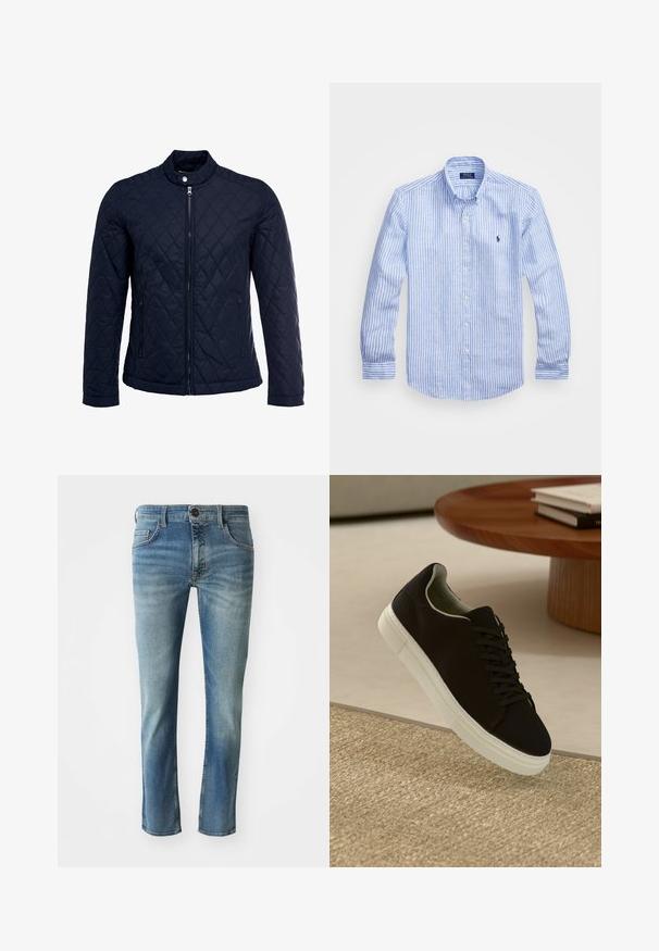 Navy quilted jacket featuring a stand-up collar, full front zip, and two side pockets. Material has a smooth texture with diamond patterns.; Blue and white striped long-sleeve shirt made of cotton, featuring a button-down collar, front buttons, and a small embroidered logo on the chest.; Light blue denim jeans with a straight cut, slightly faded legs, five-pocket design, and a button closure at the waist.; Black sneaker with white sole floating above beige textured rug near round wooden table with stacked books.