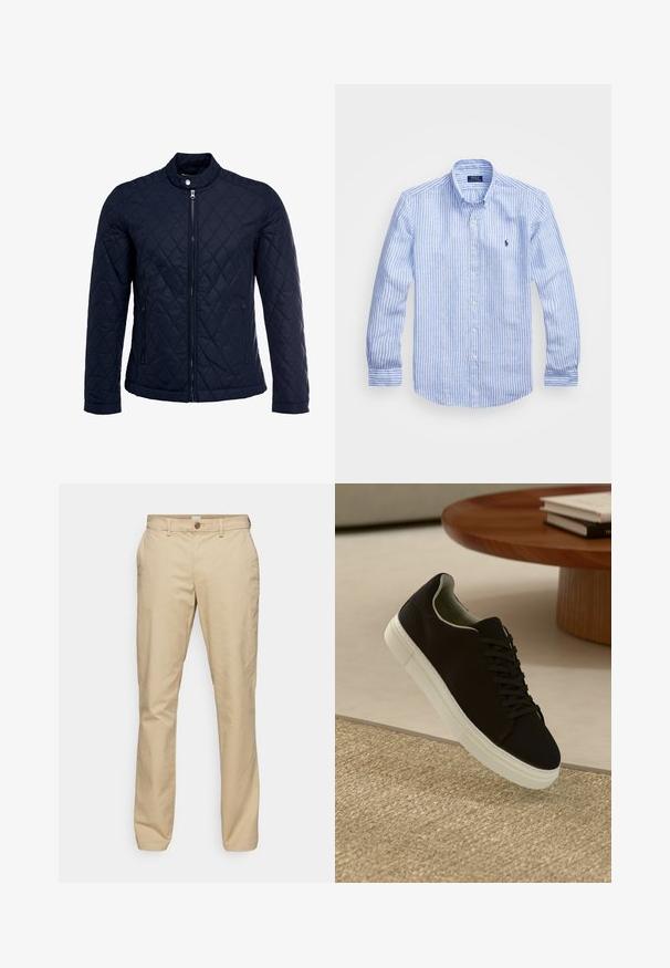 Tengerész kék steppelt dzseki, állógallérral, teljes előlapi cipzárral és két oldalsó zsebbel. Az anyag sima textúrájú, gyémánt mintázattal.; Kék és fehér csíkos, hosszú ujjú pamut ing, gombos gallérral, elől gombokkal és egy kis hímzett logóval a mellkason.; Beige színű, pamutból készült nadrág, egyenes lábú designt jellemzően, két oldalsó zsebbel, egy gombos pilótával és hajtott szegéllyel.; Fekete sneakers fehér talppal lebeg egy bézs textúrájú szőnyeg felett, egy kerek fából készült asztal közelében, rajta egymásra pakolt könyvekkel.