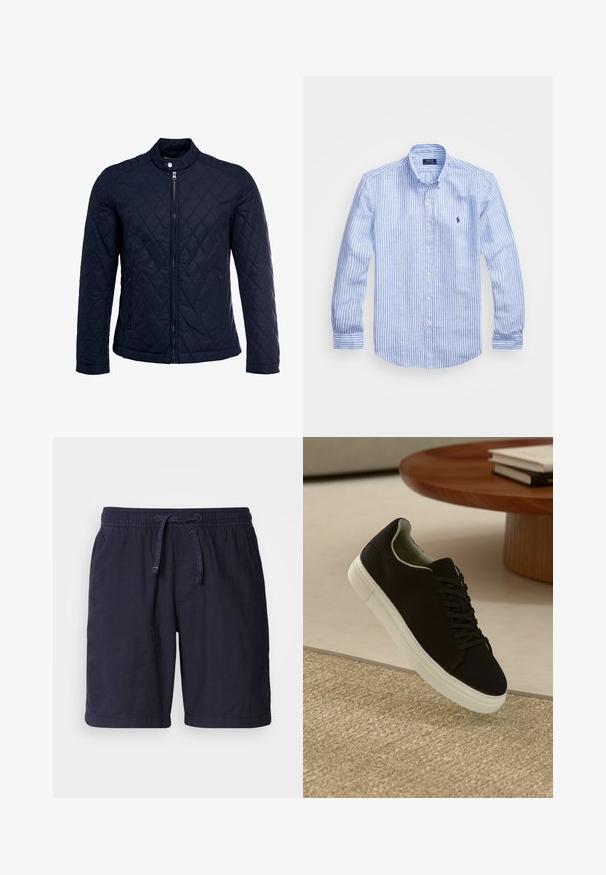 Granatowa pikowana kurtka z stojącym kołnierzem, pełnym zamkiem błyskawicznym i dwoma bocznymi kieszeniami. Materiał ma gładką teksturę z diamentowym wzorem.; Niebiesko-biała, w paski, koszula z długim rękawem, wykonana z bawełny, z kołnierzykiem zapinanym na guziki, guzikami z przodu oraz małym haftowanym logo na klatce piersiowej.; Granatowe szorty wykonane z lekkiego materiału, z elastycznym pasem ze sznurkiem i bocznymi kieszeniami. Casualowy design z przeszytymi brzegami.; Czarny sneaker z białą podeszwą unoszący się nad beżowym, teksturowanym dywanem w pobliżu okrągłego drewnianego stołu z poukładanymi książkami.
