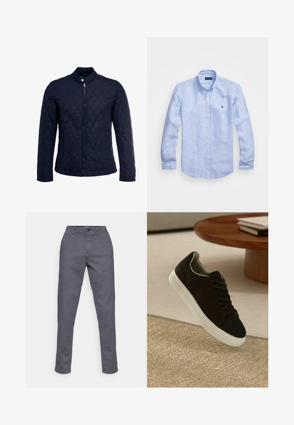 Marinefarbenes wattiertes Jackett mit Stehkragen, durchgehendem Reißverschluss und zwei seitlichen Taschen. Das Material hat eine glatte Textur mit Rautenmuster.; Blau-weißer gestreifter Langarmshirt aus Baumwolle mit einem Button-Down-Kragen, Frontknöpfen und einem kleinen gestickten Logo auf der Brust.; Graue Baumwollhose mit geradem Schnitt, ausgestattet mit einem Knopfverschluss, Gürtelschlaufen und Seitentaschen. Glatte Textur und keine sichtbaren Muster.; Schwarze Sneakers mit weißer Sohle, die über einem beige strukturierten Teppich schweben, in der Nähe eines runden Holztisches mit gestapelten Büchern.